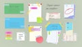 Paper notes on stickers, reminders notepads, memo messages torn paper sheets attached with transparent tape. Office torn pieces Royalty Free Stock Photo