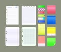 Paper notes on stickers, reminders notepads, memo messages torn paper sheets attached with transparent tape. Office torn pieces Royalty Free Stock Photo