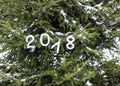 Paper numbers 2018 on fir tree green branches. Royalty Free Stock Photo
