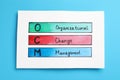 Paper with OCM abbreviation and its interpretation Organizational Change Management on light blue background, top view