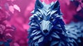 A paper origami blue wolf is standing in front of a pink background, AI. Paper crafted origami