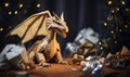 Paper Origami Dragon on Table. Blurred Light on Background. Japanese Art Brown Christmas