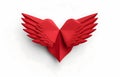 Paper origami redheart with wings on white background