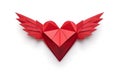 Paper origami redheart with wings on white background