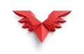 Paper origami redheart with wings on white background