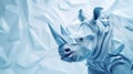 A paper origami rhinoceros is standing in front of a blue background, AI. Paper crafted origami