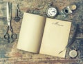 Paper page and vintage writing tools. Memories. Retro style Royalty Free Stock Photo