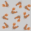 Paper pattern with orange and brown chickens on a grey background - vector