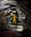 Paper person surrounded by spinning Coronavirus news headlines with Long Covid text in focus