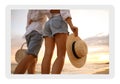 Paper photo. Lovely couple walking on beach at sunset, closeup