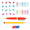 Office multi colored paper pins, paper clips, pen, pencil and eraser flat style vector illustration set isolated on white backgrou