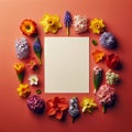 A paper placed on a deep coral background, encircled by a variety of bright spring flowers. Mockup, colorful background Royalty Free Stock Photo