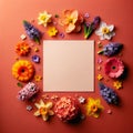 A paper placed on a deep coral background, encircled by a variety of bright spring flowers. Mockup, colorful background Royalty Free Stock Photo