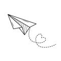 Paper plane with a dotted line heart. Linear icon. Hand drawn doodle airplane.