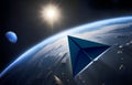 Paper plane flies to explore blue planet in universe, AI generated