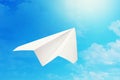 Paper plane flies to the sun against a blue sky. Concept on the topic of moving towards your goal