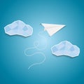 Paper plane flying between clouds.Idea success cutout poster background Royalty Free Stock Photo