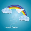 Paper plane flying between clouds and over rainbow.Idea success cutout poster background with text Royalty Free Stock Photo