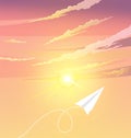 Paper plane flying near sun. Aircraft flies next to cloudy sky. White airplane on layout template Royalty Free Stock Photo