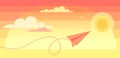 Paper plane flying over sunset sky landscape. Airplane flying among clouds and sun, art style Royalty Free Stock Photo