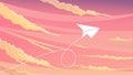 Paper plane flying over sunset sky landscape. Airplane flying among clouds and sun, art style Royalty Free Stock Photo