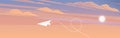 Paper plane flying over sunset sky landscape. Airplane flying among clouds and sun, art style Royalty Free Stock Photo