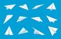 Paper plane. Flying planes in blue sky, white paper airplanes from different angles and direction, message or traveling