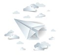 Paper plane flying in scenic cloudy sky, origami folded toy airplane in beautiful cloudscape, vector