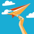 Paper Plane In Hand. Paper Airplane In The Sky. Vector Illustration Generative AI