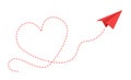 Paper plane with heart path. Flying airplane with contour dotted trace in love form card design, travel or romantic Royalty Free Stock Photo