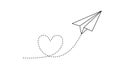 Paper plane with heart shaped dotted path. Love travel concept. Paper airplane on white background. Vector illustration