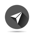 Paper plane icon in flat style. Sent message vector illustration on black round background with long shadow effect. Air sms circle