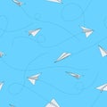 Paper plane seamless pattern. White airplanes with trajectory dotted lines. Flying origami objects. Launch light