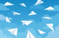 Paper planes in blue sky. White flying airplanes in clouds from different angles and direction. Teamwork, message or