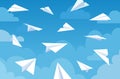 Paper planes in blue sky. White flying airplanes in clouds from different angles and direction. Teamwork, message or travel vector