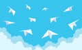 Paper planes in blue sky. White origami airplanes flying in clouds, new startup ideas, aviation flight, traveling