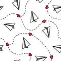 Paper planes seamless pattern with hearts love valentine concept