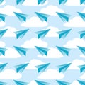 Paper planes on the sky with clouds seamless pattern. Airplanes vector