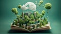 Paper planet inside book with trees and houses in the background