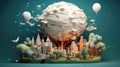 Paper planet with trees and houses in the hot ballon background