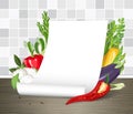 Paper poster or parchment scroll with vegetables. Restaurant menu or recipe template. Note page