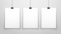 Paper poster. White blanks sheets hanging on wall. Three posters template isolated on transparent background. Vector