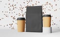 Paper pouch bag coffee cups black lids falling beans podium 3D rendering. Coffee shop discount. Hot drinks demonstration