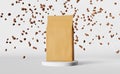 Paper pouch bag falling coffee beans podium 3D rendering. Merchandise discount packaging logo shop design promo sale.