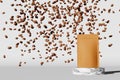 Paper pouch bag mockup falling coffee beans marble podium white background 3D render. Merchandise advertising packaging