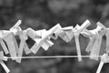 Black and white image of Japanese paper prayer offerings