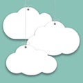Paper price stickers on green background, shopping clouds form tags