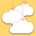 Paper price stickers on yellow background, shopping clouds form tags