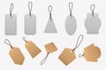 Paper price tags. Realistic blank cardboard labels with ropes, vintage white and brown shopping labels, pricing tag