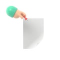 Paper push pins. Thumbtack in hand man. Empty white sheet. 3D illustration flat design. Attach announcement to wall Royalty Free Stock Photo